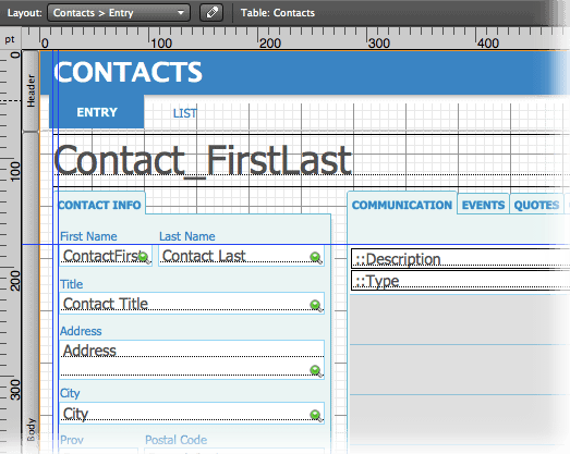 FileMaker in Layout Mode showing Grid