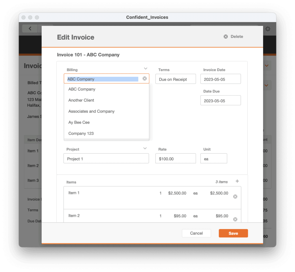 FileMaker theme Confident Invoices Dropdown Show All