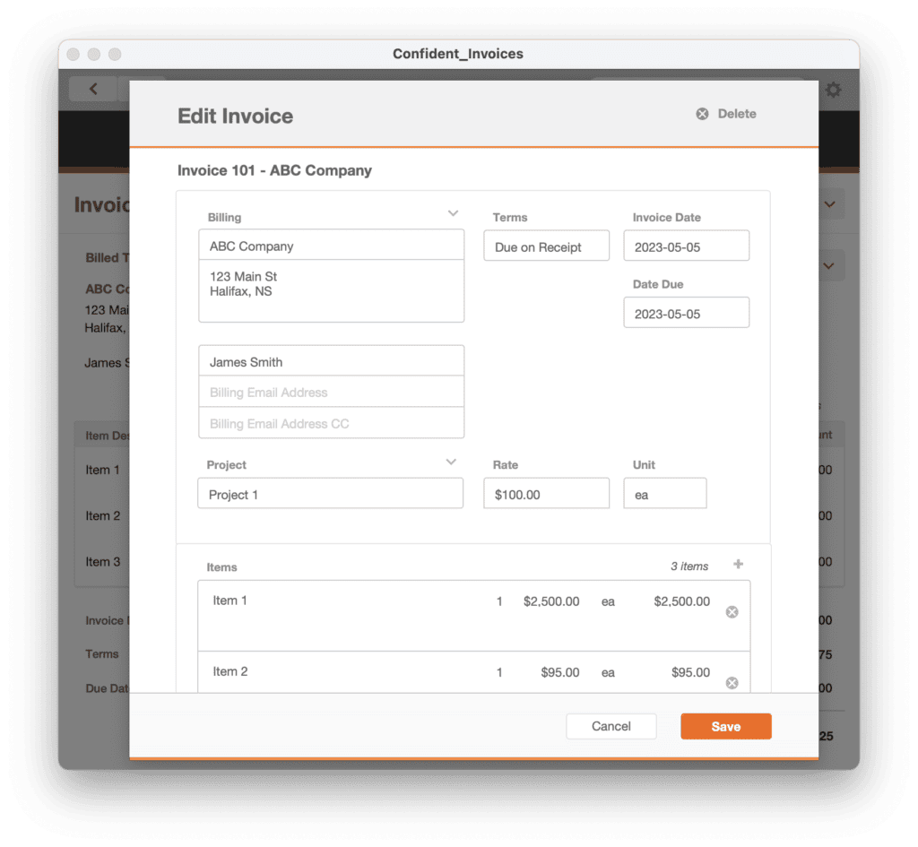 FileMaker theme Confident Invoices Edit Card