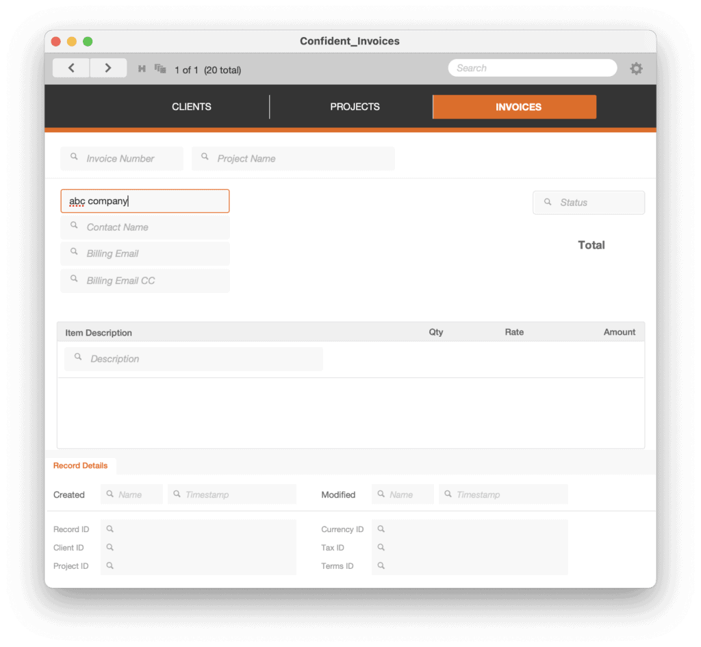 FileMaker theme Confident Invoices Find Mode