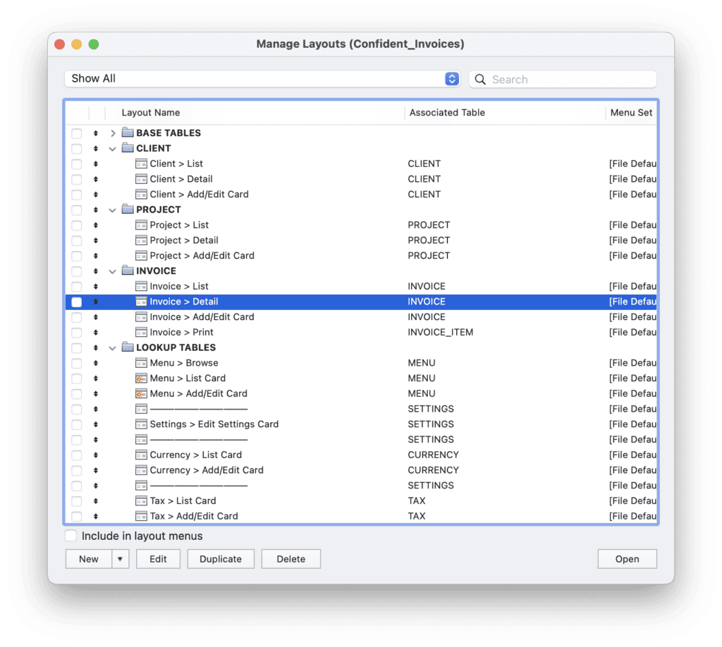 FileMaker theme Confident Invoices Manage Layouts