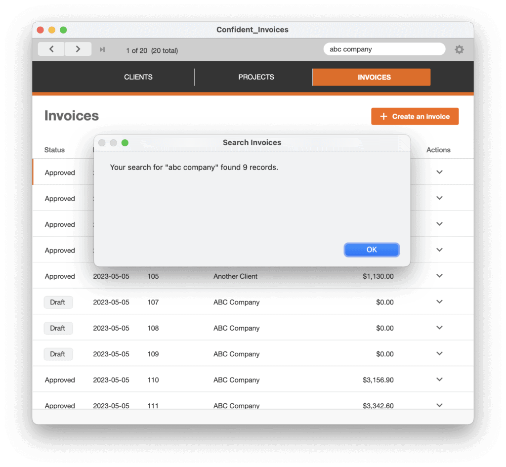 FileMaker theme Confident Invoices Quick Search Results w Dialog