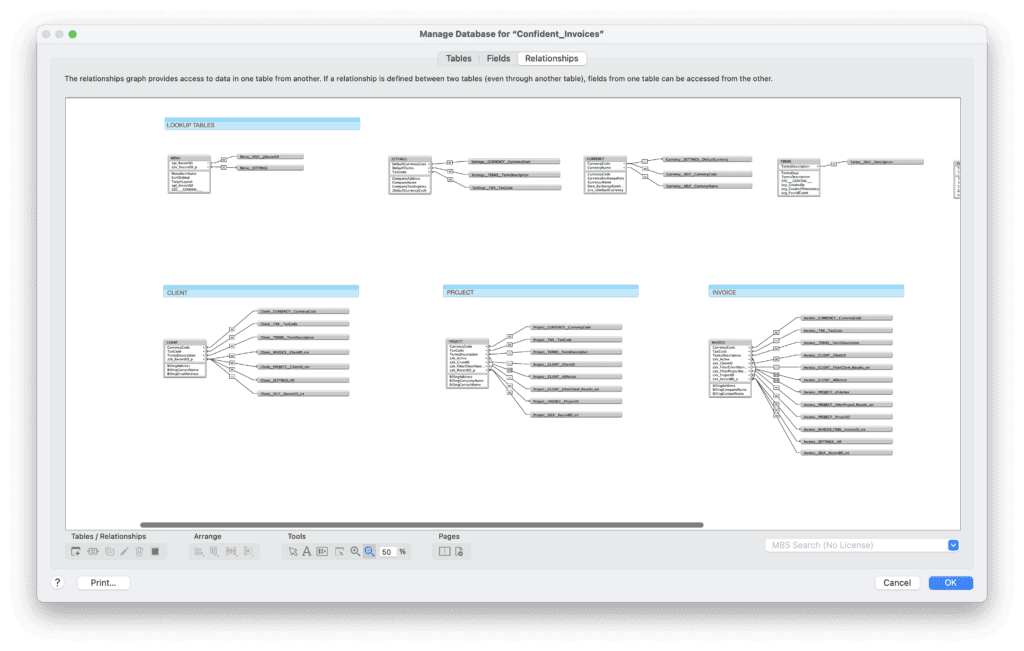 FileMaker theme Confident Invoices Relationship Graph