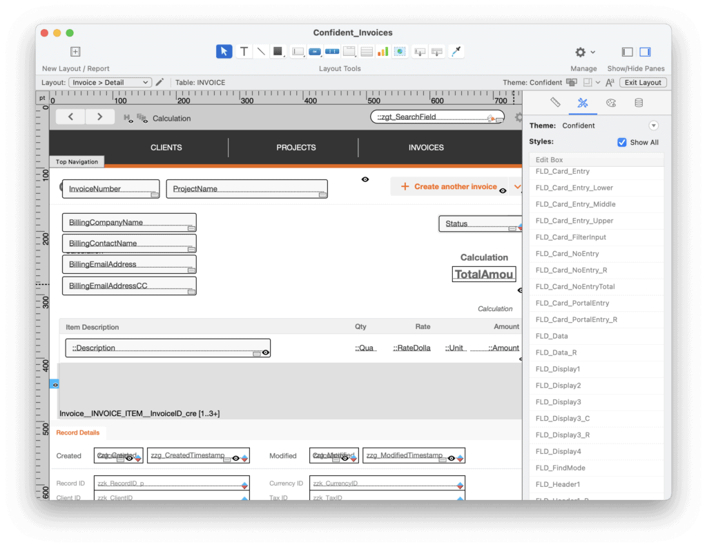 FileMaker theme Confident Invoices Styles Inspector